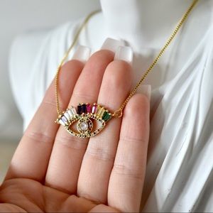Evil Eye Crystal Gold Necklace Colorful Pave Rhinestones